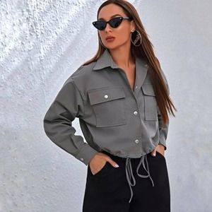 Womens Cropped Jacket Drawstring Button Front Grey Size Small